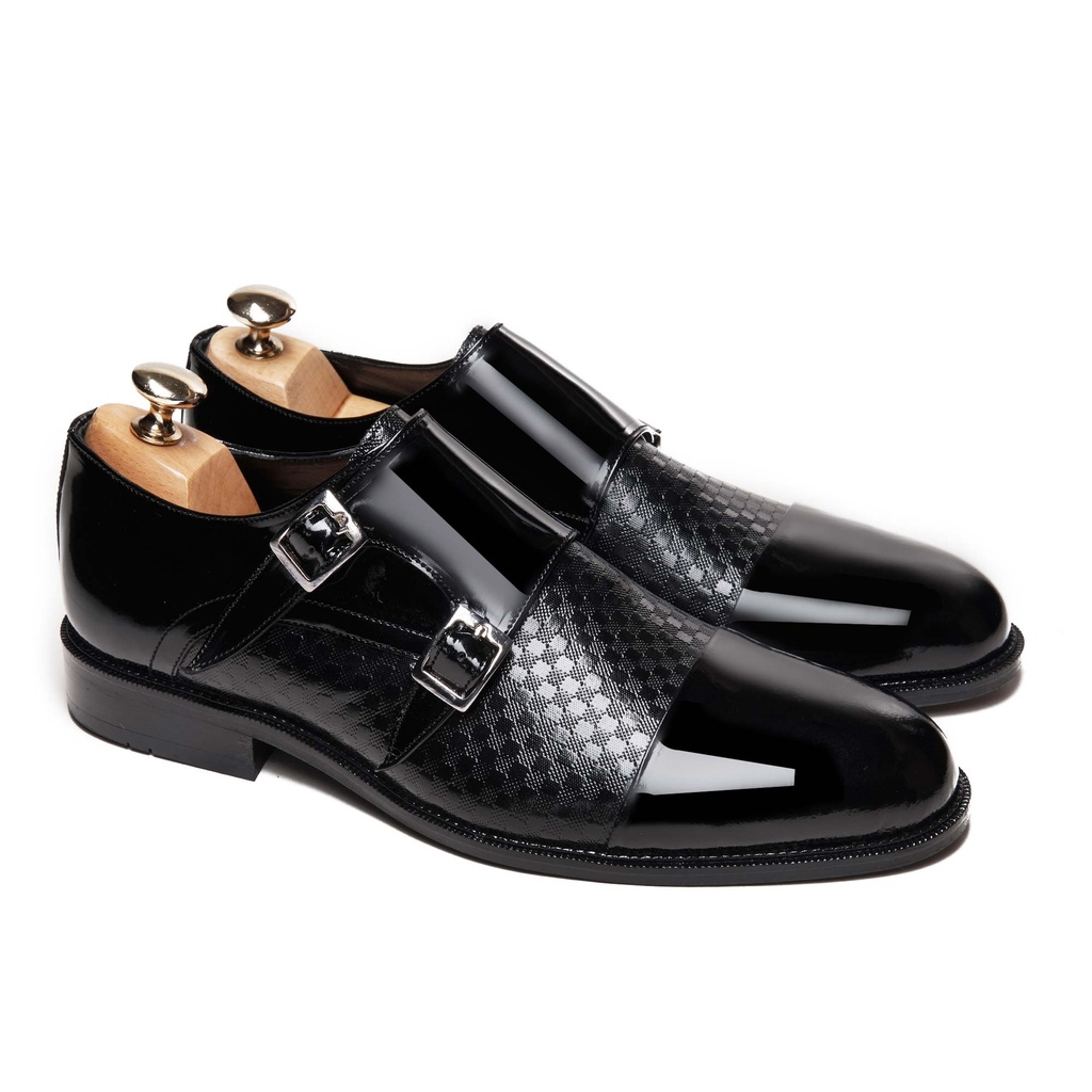 Double Monk Strap Glossy Black With Chess