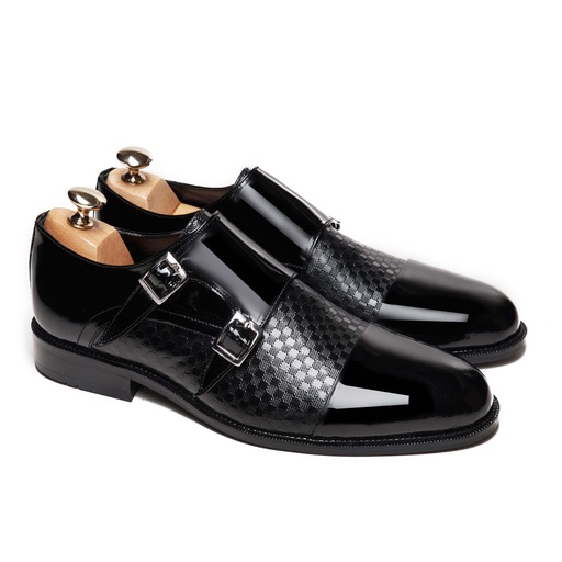 [DMG1-291-Black] Double Monk Strap Glossy Black With Chess
